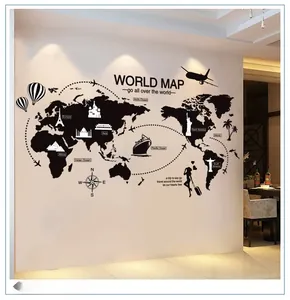 Detailed black world map wall sticker featuring continents, landmarks, and ships for home decor