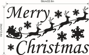 Detailed dimension guide for Merry Christmas reindeer wall sticker measuring 58cm by 34cm