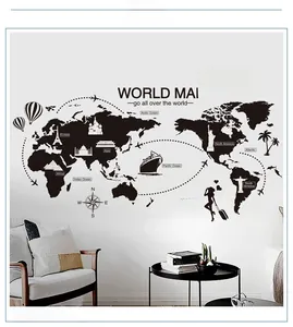 World map wall sticker with landmarks and quotes on a white bedroom background