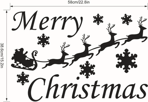 Dimensions of reindeer sleigh and snowflake Christmas wall decal measuring 58 by 38.6 cm