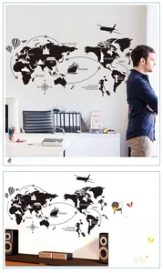 Black DIY world map wall sticker with silhouettes, compass, and travel quotes for decor