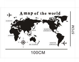 Black world map wall sticker with continents and compass, size 100cm x 57cm for home decor