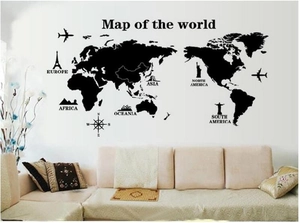 Large black world map wall sticker for living room with iconic landmarks and compass design