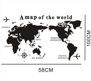 World map wall sticker with continent names and compass for living room 100x58cm