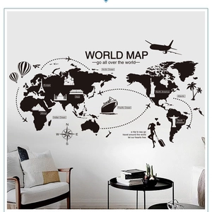 Creative black world map wall sticker with silhouettes of landmarks for home office decor