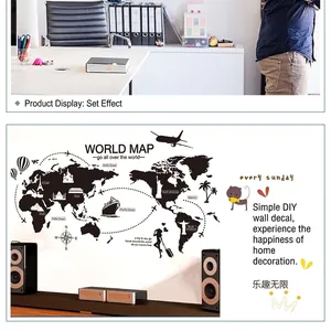 Creative black DIY world map wall sticker with landmarks for office wall decor