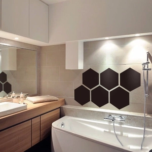 Set of six hexagonal black wall stickers for modern interior home bathroom decoration