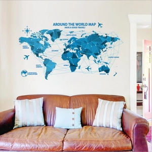 Deep blue geometric world map wall sticker with continents and compass in modern living room