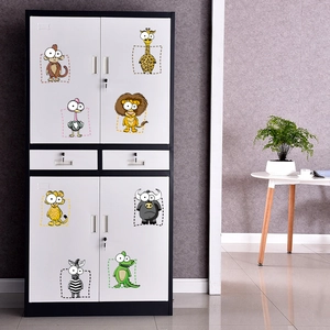Cartoon animal wall stickers set featuring lion and giraffe on white storage cabinet door