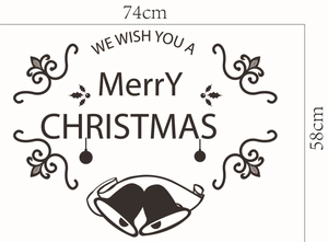 Detailed black Merry Christmas wall decal with bells and holly leaves measuring 74x58cm