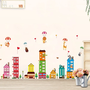 Cartoon Animal City Building Wall Sticker For Kids Room DIY Removable PVC Waterproof Home Decor Wall Decal Bedroom Decor