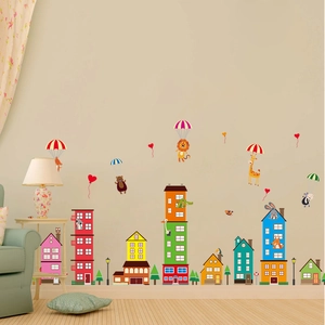 City style cartoon animals and buildings wall decal set for children's bedroom decor