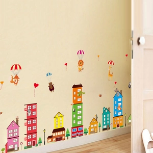 City style cartoon wall decals with animals and colorful buildings for kids room
