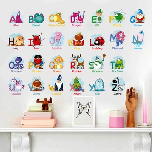 Educational alphabet wall stickers with colorful cartoon animal designs for kids' rooms