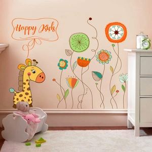 Cute giraffe and flower wall decals with Happy Kids text for nursery room decoration