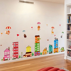 Cartoon city style animal wall stickers for kids bedroom featuring buildings and balloons