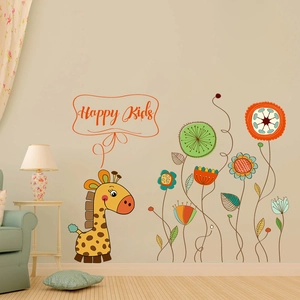 Charming kids wall stickers featuring a yellow giraffe and colorful flowers in a bedroom