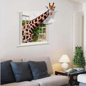 Adesivo murale 3D con giraffa realistica per soggiorno con effetto finestra rotta