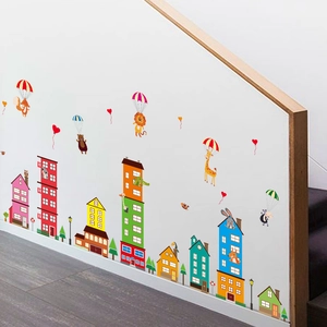 Colorful cartoon animal and city house wall decals for kids bedroom and nursery decor