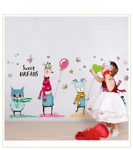 Detailed wall sticker view of cute cartoon owl, giraffe and deer for nursery decor