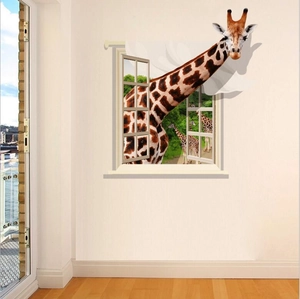 Adesivo murale 3D con giraffa alla finestra, decorazione creativa per la camera