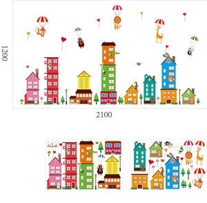 Detail view of city style wall stickers with cartoon animals and colorful buildings