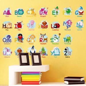 Educational ABC cartoon wall stickers with 26 colorful alphabet letters for kids bedroom decor