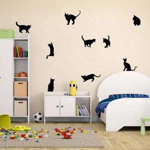 Set of 10 black cat silhouette wall decals for home living room and bedroom decor