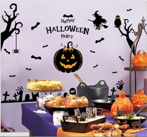 3D Halloween Pumpkin Wall Stickers Removable PVC Decals Featuring Bats Witch And Haunted Tree For Living Room Party Decor