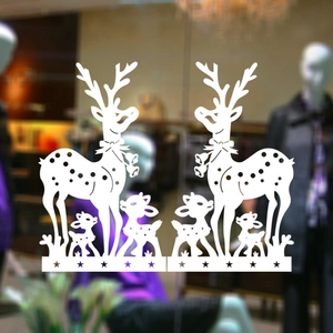 Pegatina blanca de Navidad para ventanas con familia de renos y estrellas decorativas