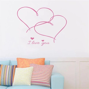 Pink double heart wall sticker with I Love You text for bedroom interior decoration
