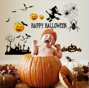 Halloween Wall Sticker PVC Waterproof Happy Halloween Decal With Pumpkin Witch Bat Spider Castle For Living Room Party Decor