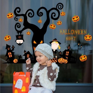 Halloween window stickers featuring pumpkin lanterns, ghosts, and castles for home decor