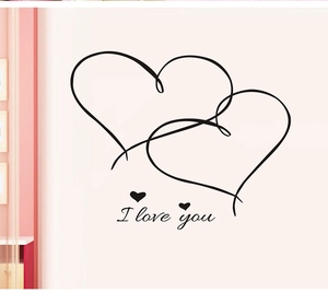 Minimalist double heart wall sticker with I Love You text for home bedroom decor