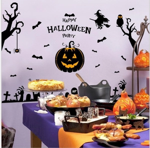 3D Halloween wall decals featuring black silhouettes of pumpkins and bats on purple wall