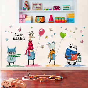 Hand-painted cartoon animal wall stickers with giraffes and pandas for cozy kids rooms