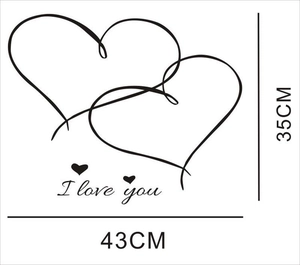 Self-adhesive double heart wall sticker with I Love You text measuring 43x35cm