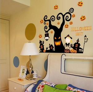 Halloween Night wall decals with black tree, pumpkins and haunted houses for bedroom decor
