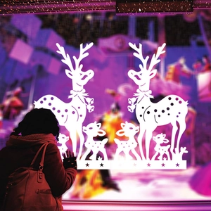 Pegatinas blancas de Navidad con familia de renos y estrellas para decoración de cristales