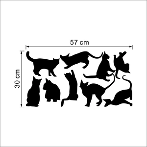 Set of 9 black cat silhouette wall stickers for living room decor, size 57cm x 30cm