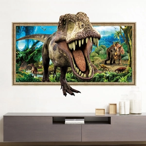 3D Dinosaurier Wandtattoo mit T-Rex und Triceratops für modernes Wohnzimmer Dekor