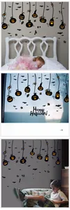 Detail showing Halloween pumpkin and bat wall stickers in various home decor scenarios