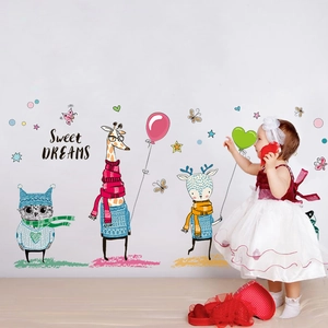 Cartoon animal wall stickers with giraffe and owl for kids bedroom nursery wall decor