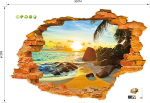 3D broken wall sticker featuring sunset beach landscape in 90x60cm PVC with SGS certificate
