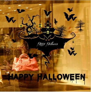 Halloween window sticker set with black silhouette castle bats and dead trees for decor