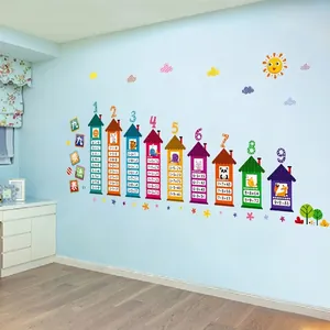 Colorful educational multiplication table wall decals for kids room with cartoon houses