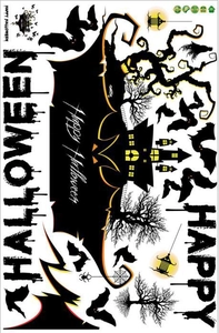 Halloween wall stickers featuring bats, scary haunted house, and pumpkin decorations
