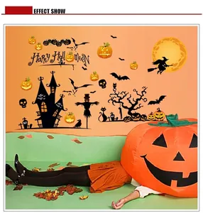 Halloween wall stickers set featuring black castle, pumpkins and bats for home decor