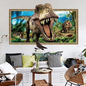 Detaillierter 3D Dinosaurier Wandsticker mit T-Rex Durchbruch für das Wohnzimmer