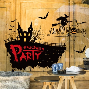 Detailed Halloween wall stickers featuring witch silhouettes, bats, and pumpkins on glass